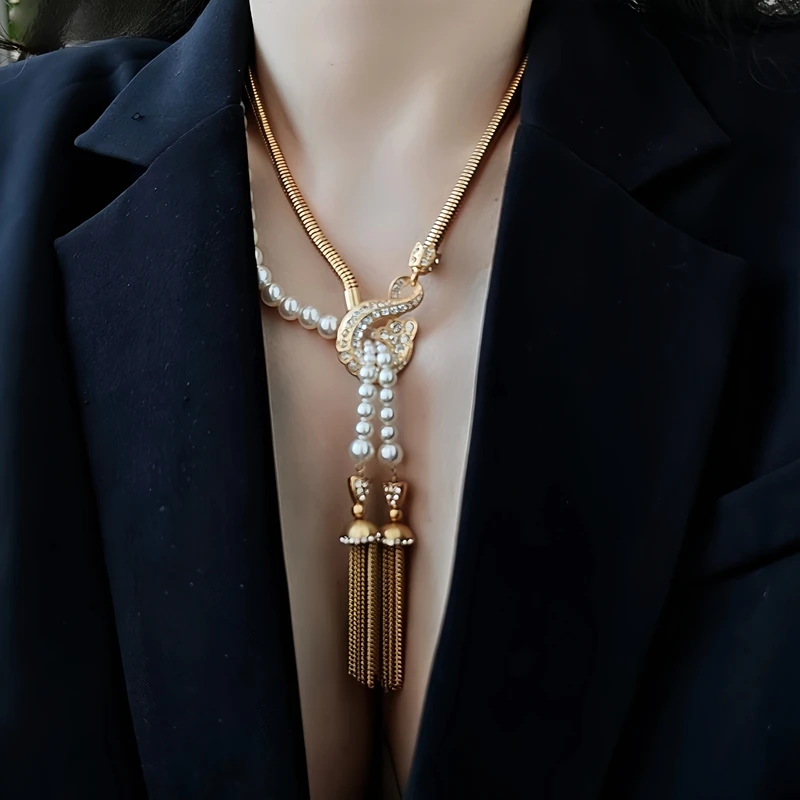 

Europe America Double Layered Pearl Crystal Tassel Gold Necklace Woman Top Quality Vintage Jewelry