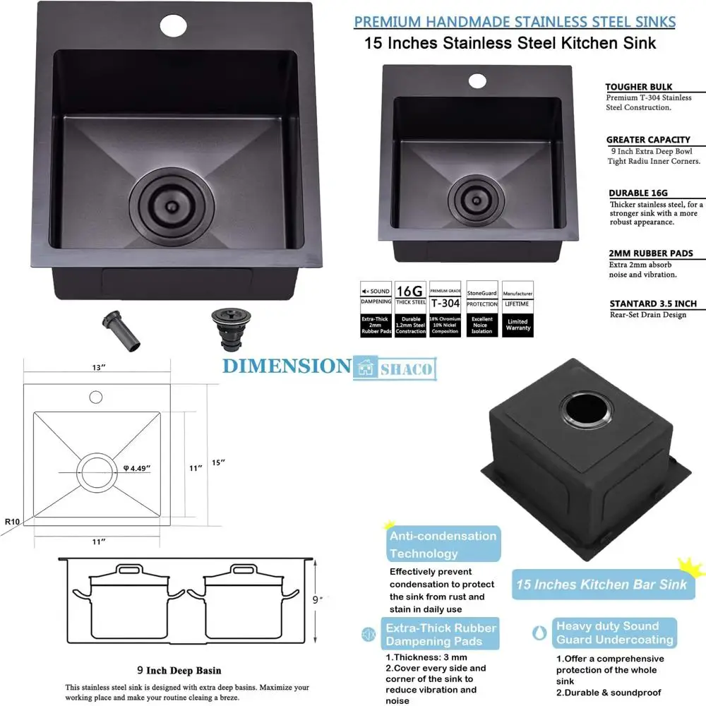 

Stainless Steel 16 Gauge Single Bowl RV Bar Sink, 13x15 Inch Drop-In, Black Gunmetal Finish, Suitable for Small Kitchens and Out