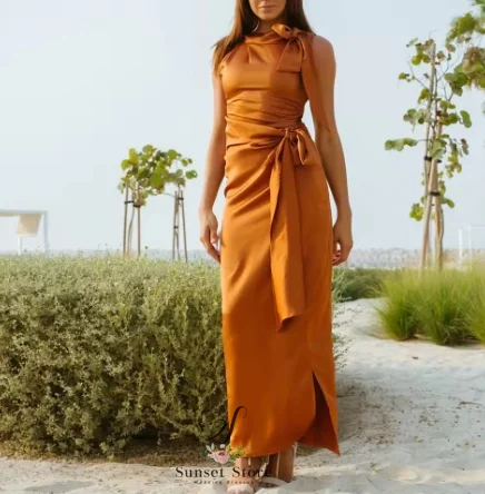 

Customized Modern Straight Ankle Length High Neckline Jersey Sleeveless Pleats Evening Dress Fashion Photo Color vestidos de fi