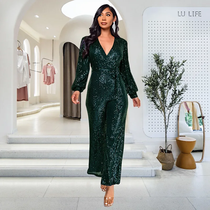 

Women's Long Sleeve Sequin Jumpsuit Fashion Belt Wide Leg Jumpsuit Women's