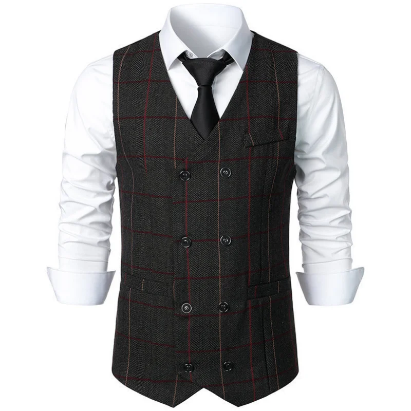 Men Vest Black Double Breasted Retro Lattice Daily Casual For Business Banquet Office Work Set Men Suit Waistcoat