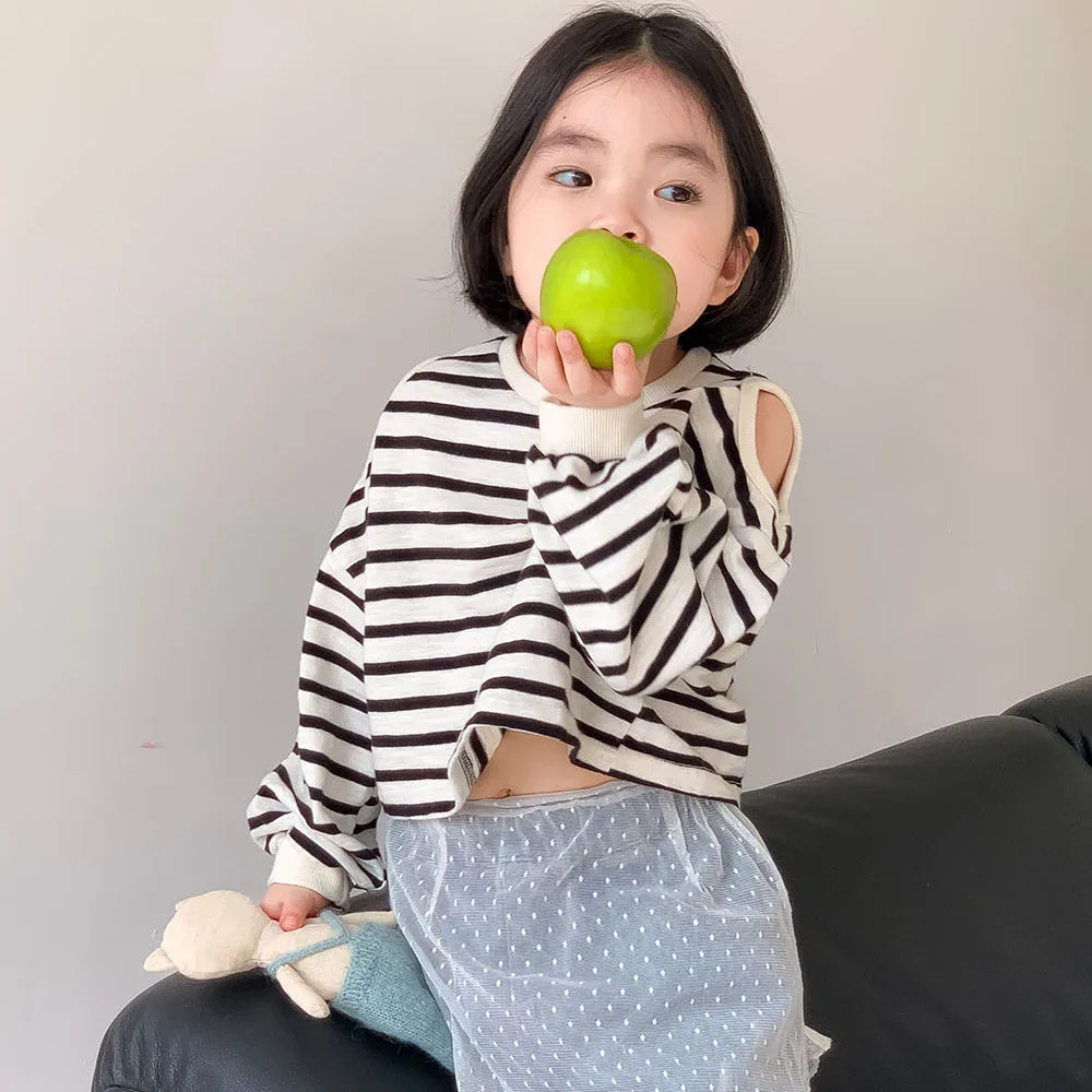 Children's Clothing  Girl's Korean Style  Short Hoodie Baby Stylish Versatile Long Sleeved Top Off The Shoulder Striped T-shirt