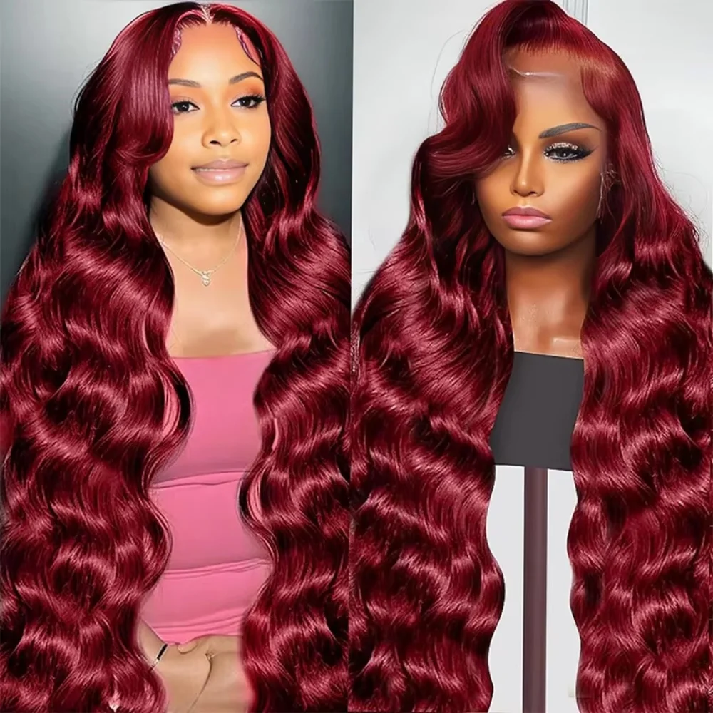 

99J Burgundy Body Wave 13x6 HD Lace Front Human Hair Wig 200 Density Pre Plucked Natural Hairline Transparent Red Wig For Women