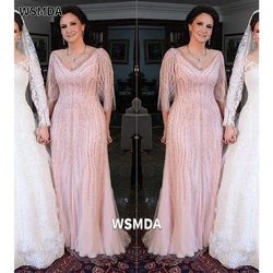 Sheer xale longo brilhante contas de renda mãe da noiva vestido profundo decote em v elegante formal vestido de festa de casamento feito sob encomenda