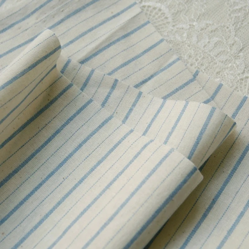 140x50cm Vintage Blue Linen Plaid Striped Yarn-Dyed Cotton Fabric , for Tablecloth Dress Bag Sewing Cloth