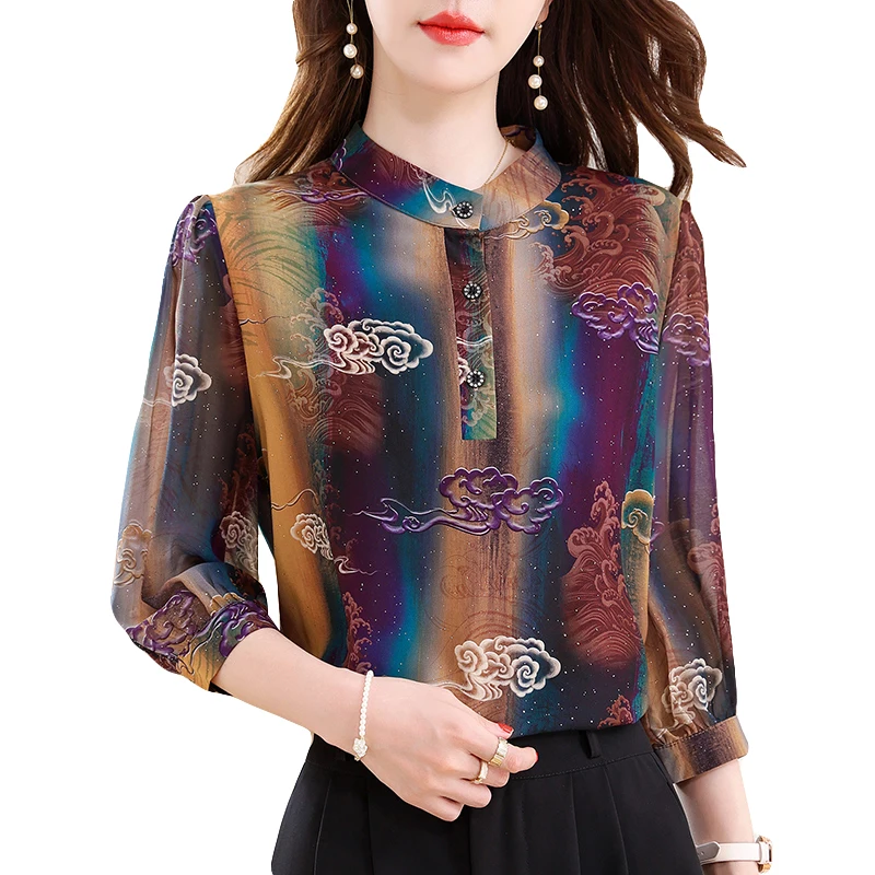 Elegant Fashion Silk Chiffon Blouse 3/4 Sleeve Printed Office Lady Shirt 2025 Summer Women Tops