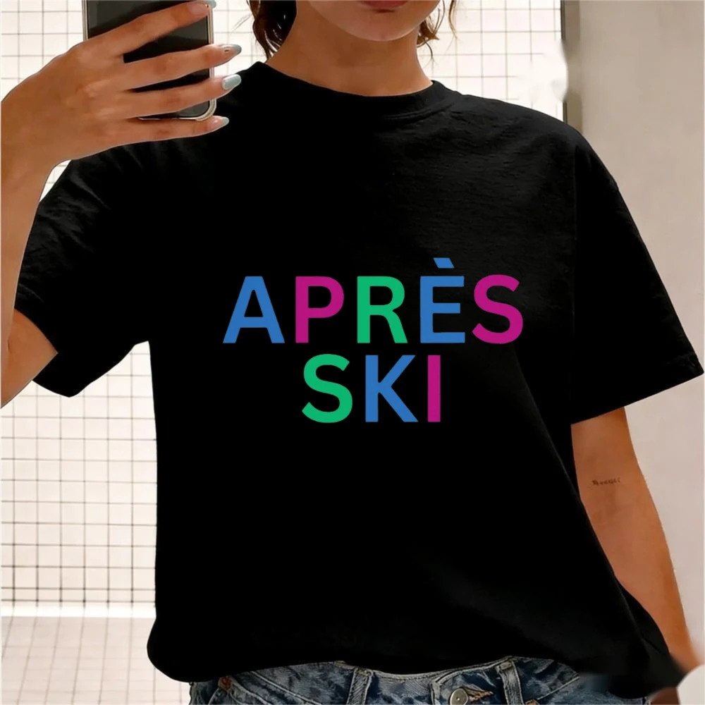 Minimal Vibrant Text Art T-Shirt Women Après Ski Multi Colored Bold Letters Simple Clean Bright Winter Short Sleeve Tee