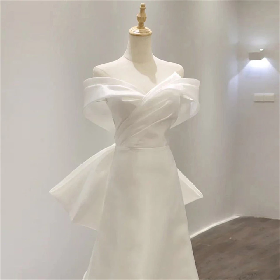 Vestido de novia de satén con lazo para mujer, traje sencillo de corte en A con cuello barco y hombros descubiertos, 2024