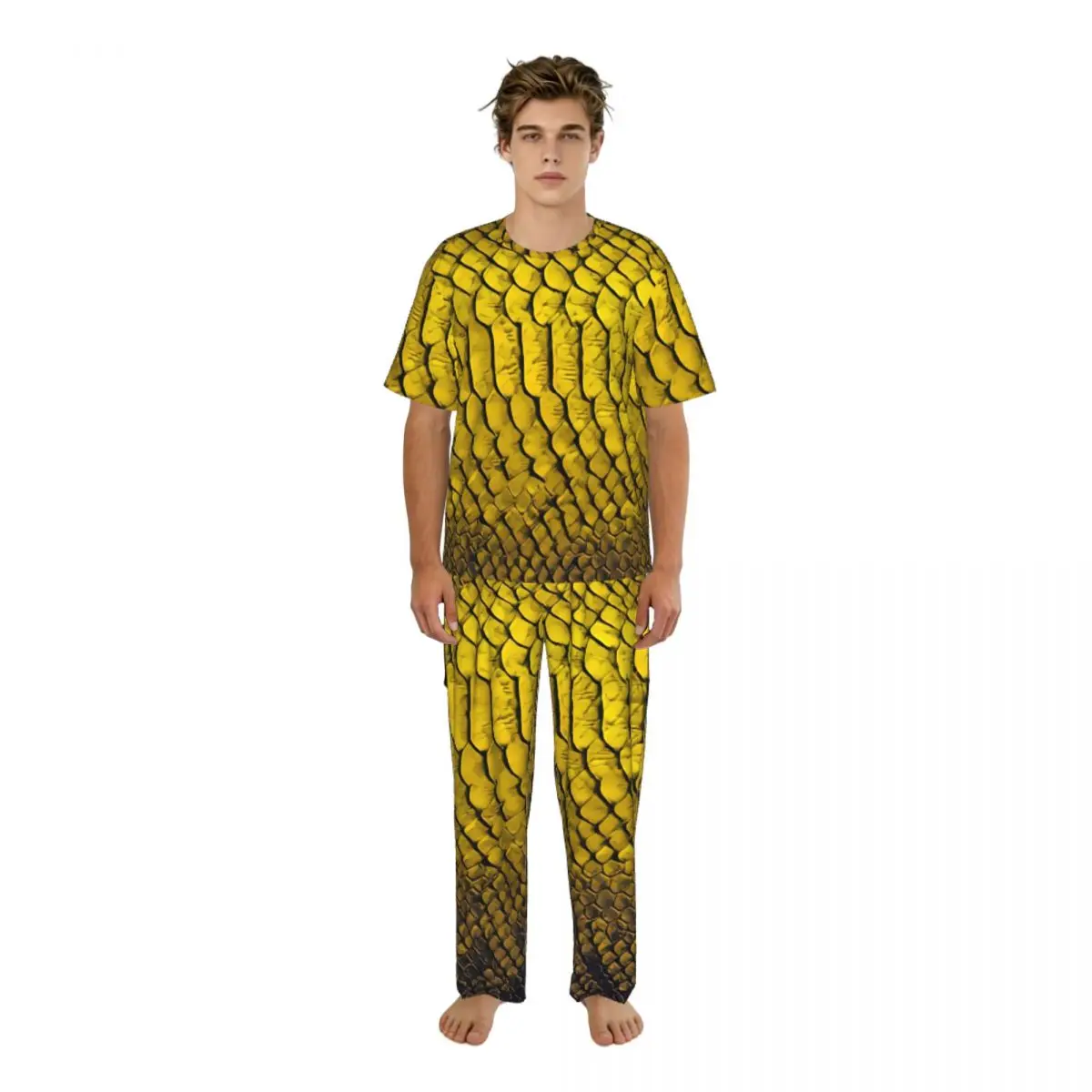 Men's Pajamas Set Summer Short-Sleeve Tops + Long Pants Nightwear Home Wear Suits Snake Skin Reptile Texture Sleepwear