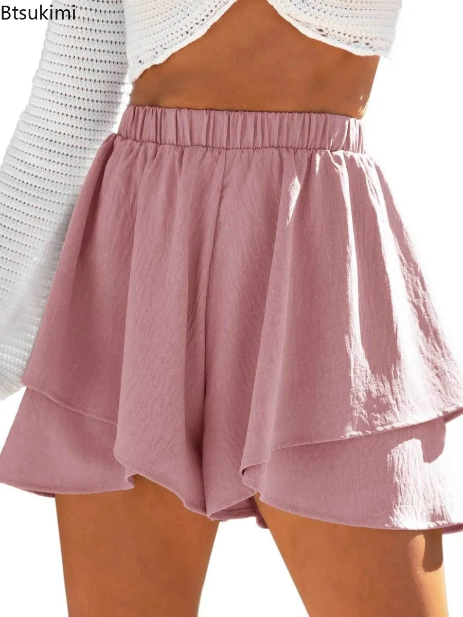 2024 Women's High Waist Ruffle Hem Shorts Summer Solid Loose  A-Line Culotte Ladies Pleated Irregular Casual Versatile Pantskirt