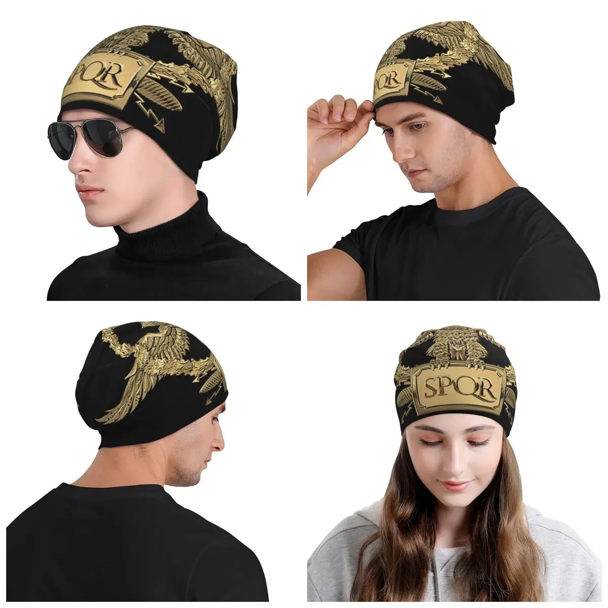 Gold SPQR Roman Imperial Eagle Bonnet Hat Knit Hats Men Women Cool Unisex Winter Warm Beanies Cap