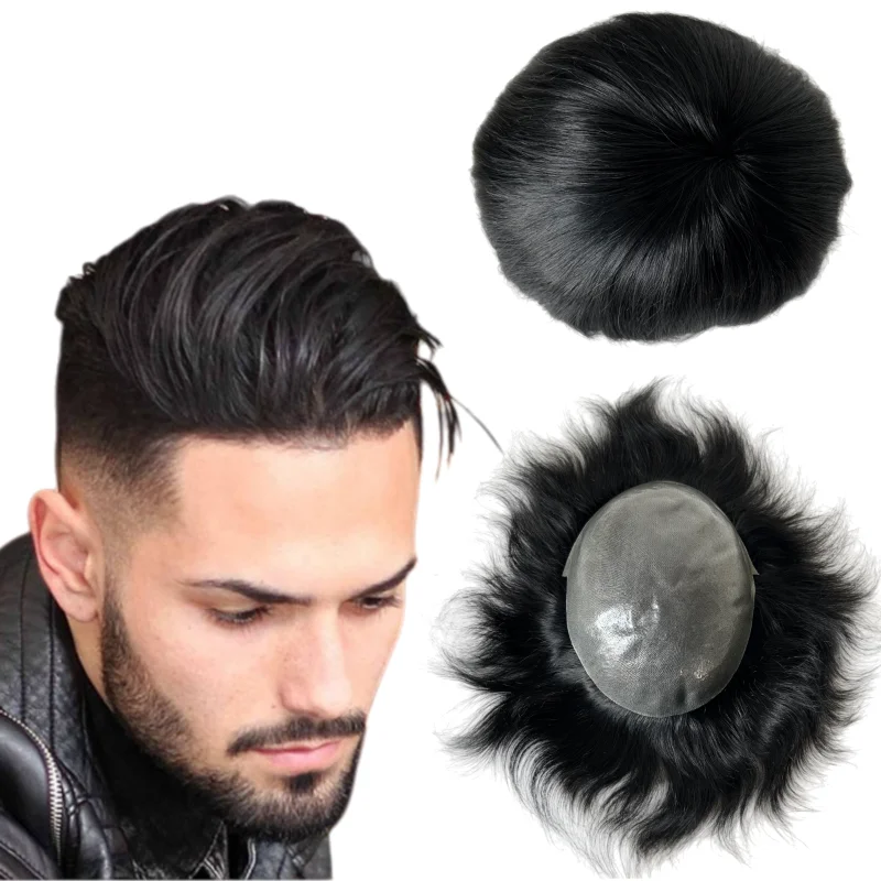 

Peruvian Virgin Human Hair Hairpieces #1 Black Color Toupee 6'' 8x10 Knotted Skin Unit for Men