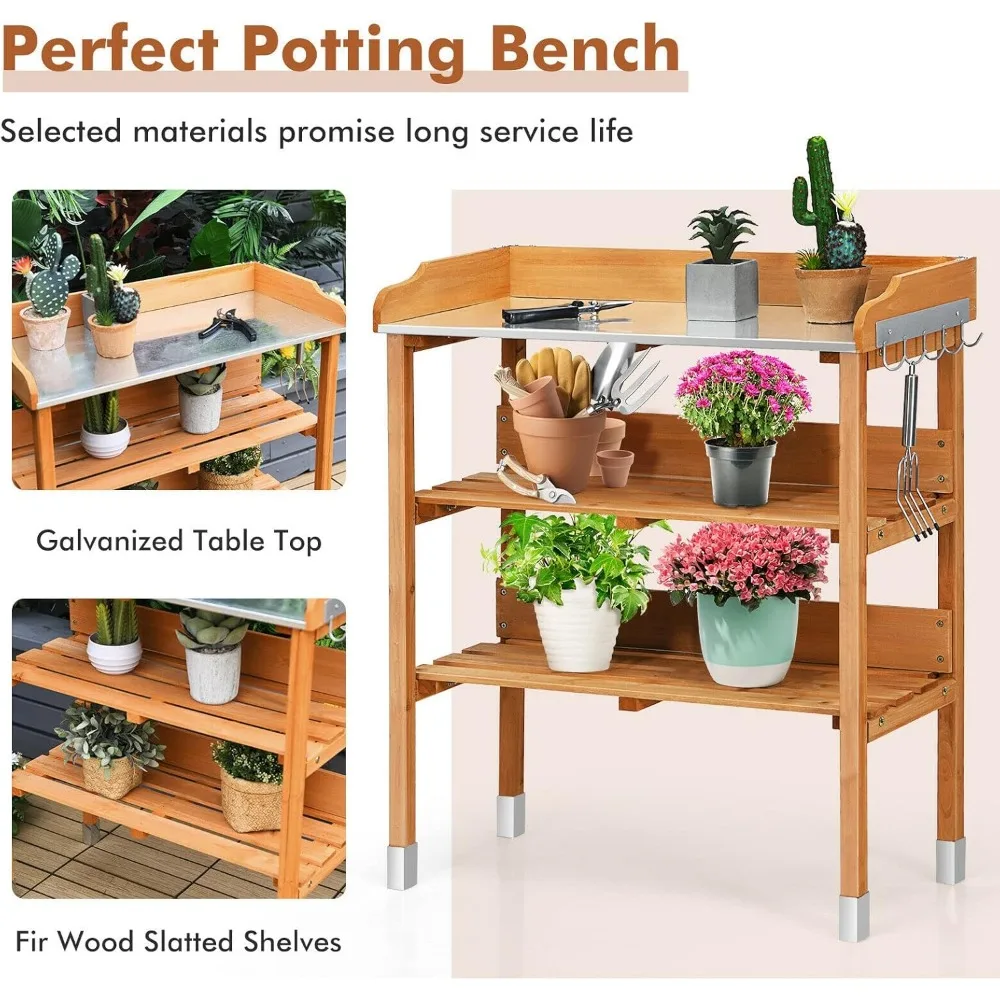 Potting Bench, Work Station with Fir Wood Construction & Metal Tabletop, Garden Planting Table w/Open Shelves and Hanging Hooks