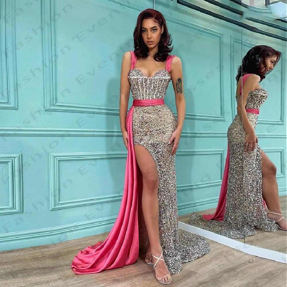 Elegant Party Evening Dresses For Women Sparkling Beading Sexy Off The Shoulder Sleeveless High Slit Simple Mopping Prom Gowns