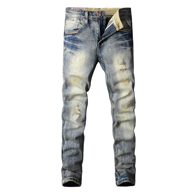 Italian Style Fashion Men Jeans Retro Elastic Slim Fit Ripped Jeans Men Stretch Vintage Trousers Casual Designer Pants Hombre