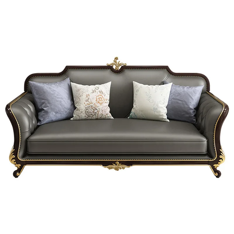 

New American sofa light luxury leather so fa 123 combination s ofa black sandalwood simple European buckle villa living room