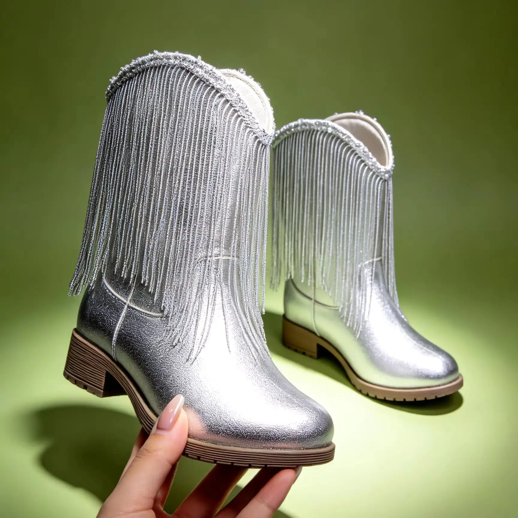 Children's Short Boots, Shiny Silver Tassel Boots, Girls' Tassel Mid-Calf Boots, Versatile Boots for Performances and Photoshoots