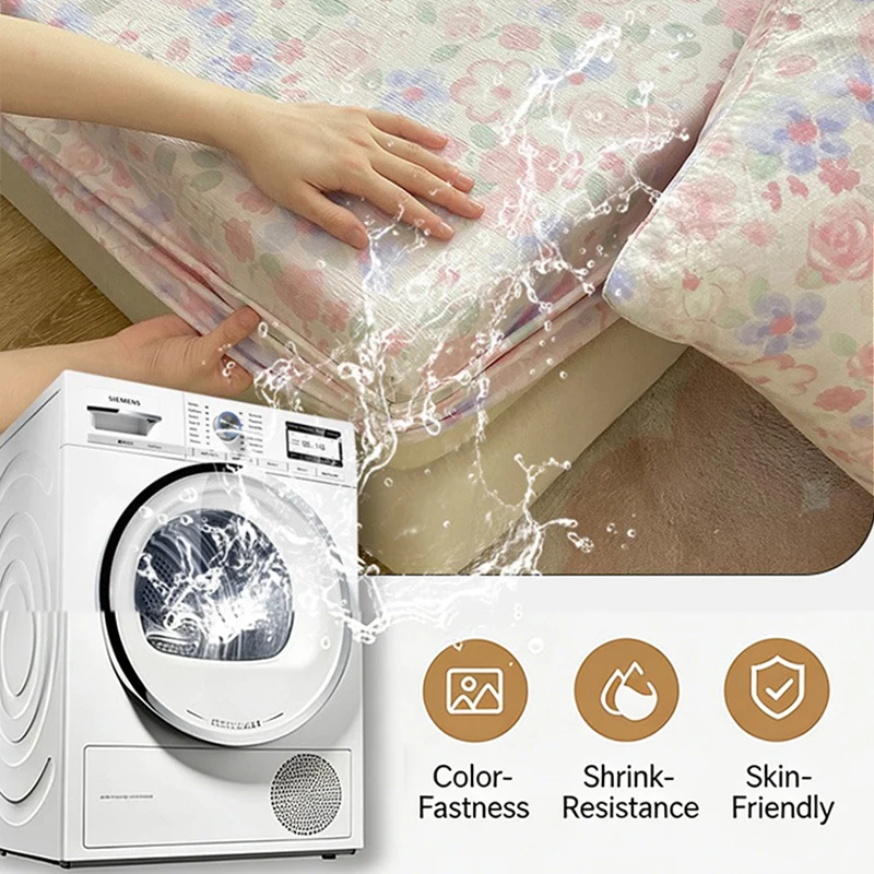Soft Floral Fitted Bed Sheet Double-layer Yarn Technique Elastic Edges Deep Pocket Sheet Full Coverage for Queen King Size Bed 4