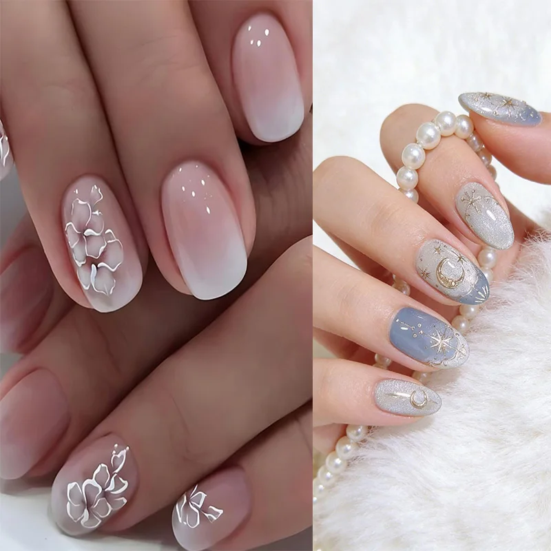 

24Pcs Gradient White Fake Nails with Flower Design Simple French False Nails Short Square Head Wearable Press on Nails Tips