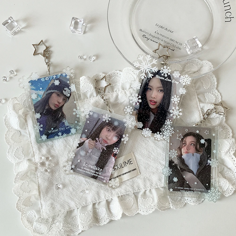 Fashion Transparent Acrylic Snowflake Card Holder Cute Girl Idol 3In Photo Storage Card Clip Star Pendant Keychain Card Bag Gift