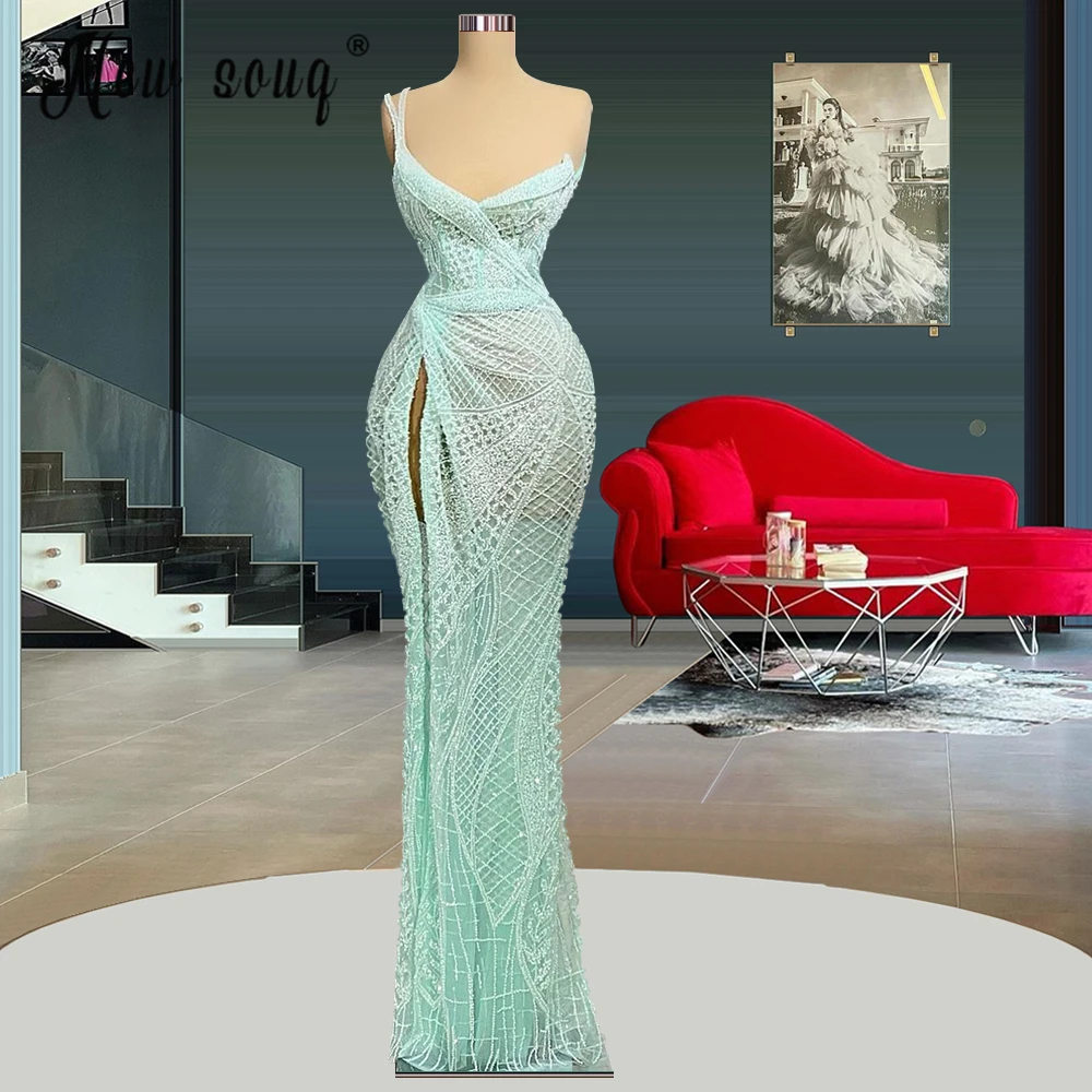 Sequin Mint Green One Shoulder Mermaid Evening Dress Long Arabic Formal Prom Gowns for Wedding Party 2022 Split Side Beads Robes