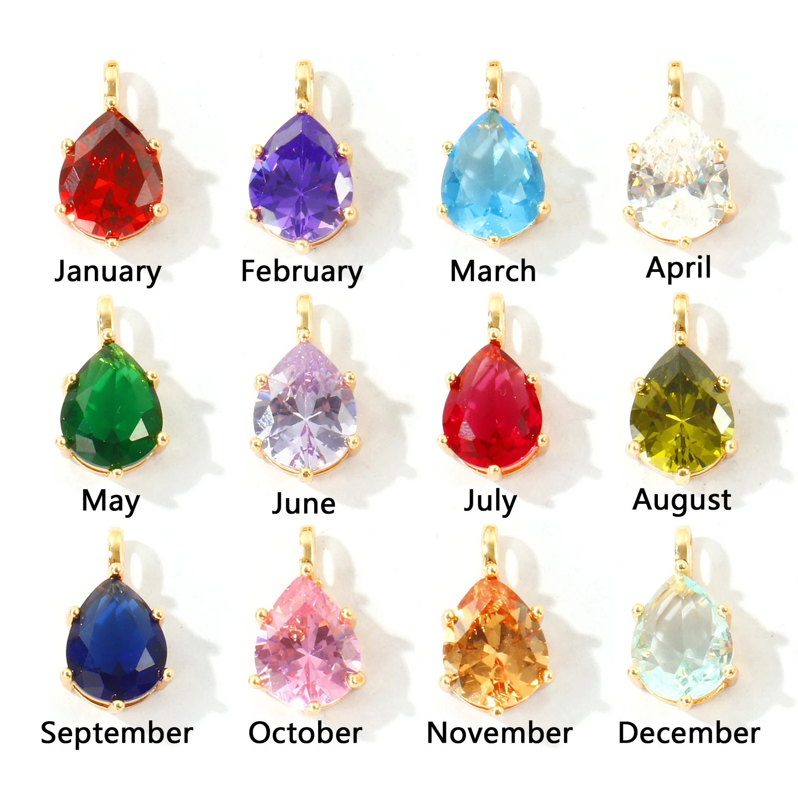 2pcs Multicolor Birthstone Drop Shaped Charms 18K Gold Plated Cubic Zirconia Brass Pendants Women DIY Necklace Jewelry 16x9mm