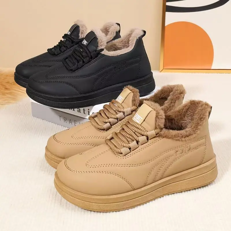 

Женские зимние утепленные водонепроницаемые повседневные модные ботинки-слипоны на толстой подошве с круглым носком и низким каблуком, короткие, из Пекина