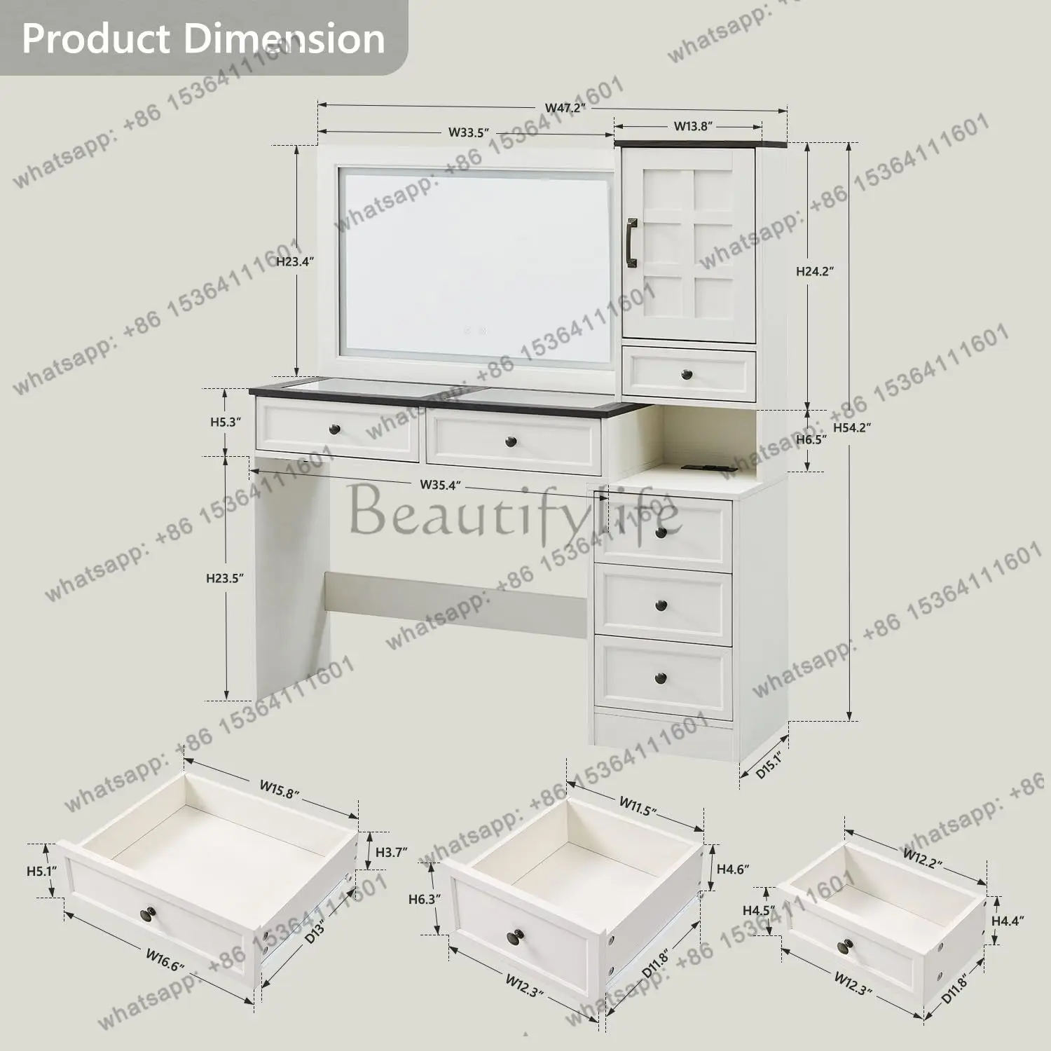 Farmhouse Vanity Desk with Touch Screen LED Mirror, 47