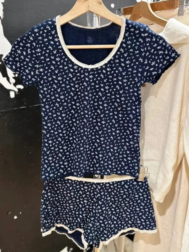 

Waffle Floral Print Short Sets Women Casual Slim Lace Trim Tee+Elastic Shorts 2 Piece Sets Sweet Vintage Chic Two Piece Set New