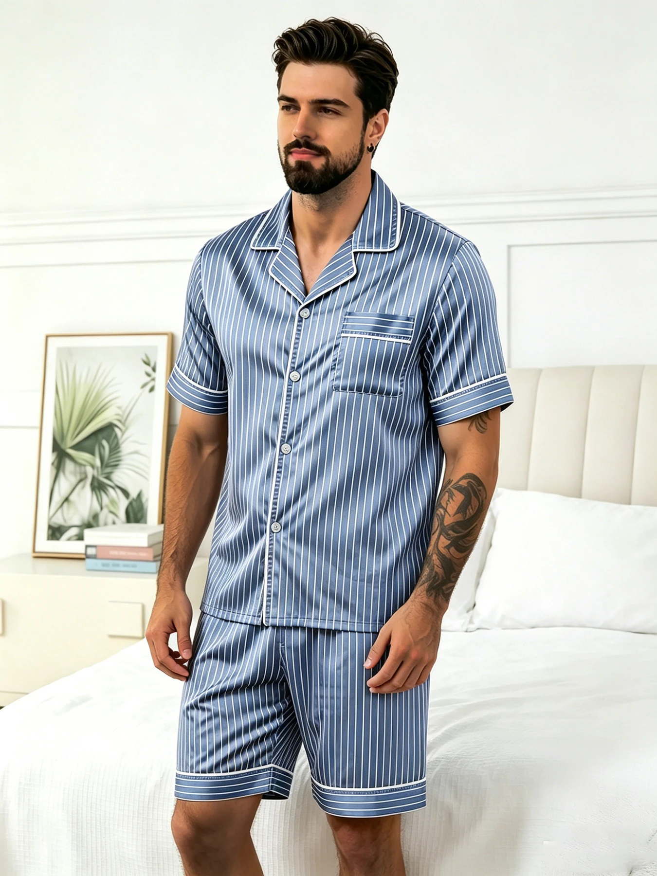 

Men's Pajama Set Short Sleeve Shirt with Shorts Casual Pajamas Soft Comfortable Sleepwear for Summer Homewear Lougewear Men Pj