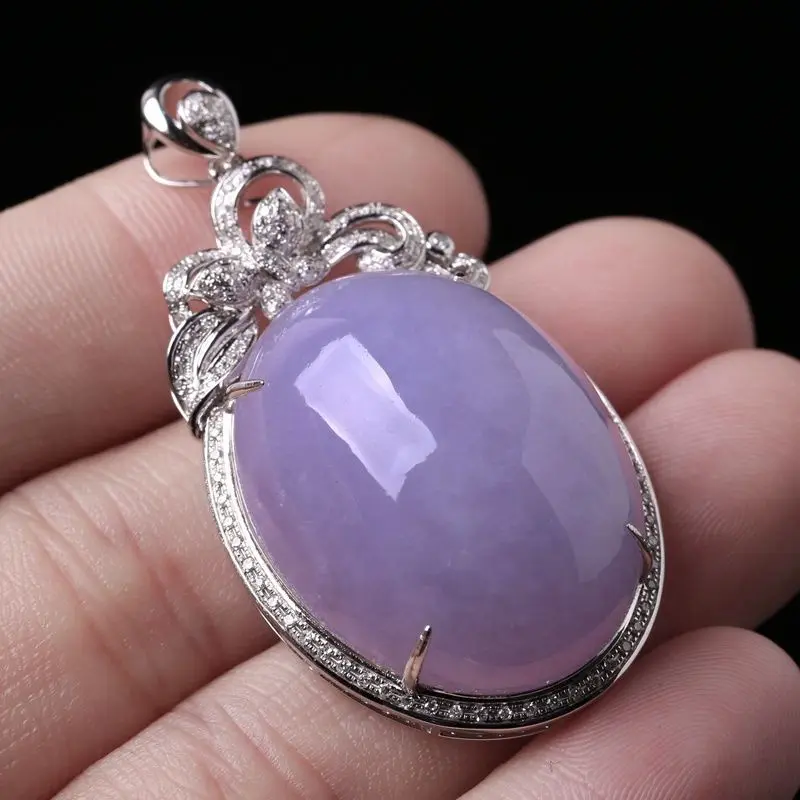 Natural Jade Chalcedony violet color Oval Necklace Large Pendant high-level Luxury Fashion Engagement Silver jewelry for women