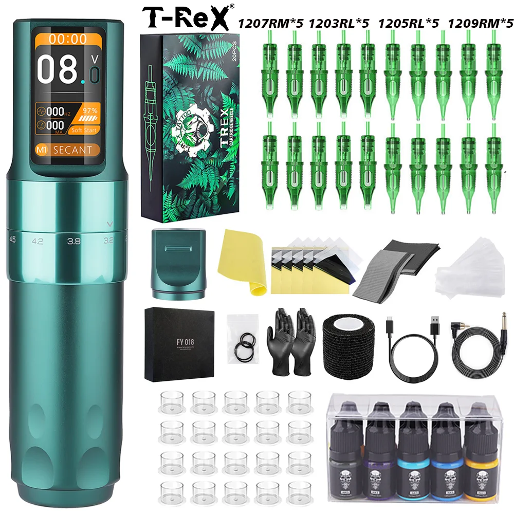 

Tattoo Kit T-Rex Wireless Rotary Tattoo Pen Machine Adjustable 6 Stroke Lengths 2000mAh Battery Complete Kit