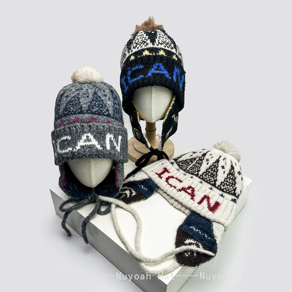 

New Women Fair Isle Style Retro Letters Knitted Hats Warm Windproof Straps Fashion Niche Beanies Casual Versatile Outdoor ins