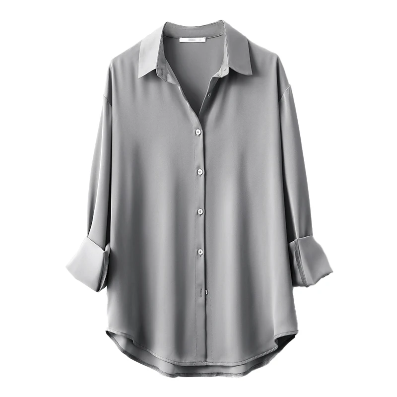 

Classic Gray Satin Shirts And Blouses Women Office Lady OL Style Long Sleeve Shirts Loose Simplicity Solid Tops Casual Clothing
