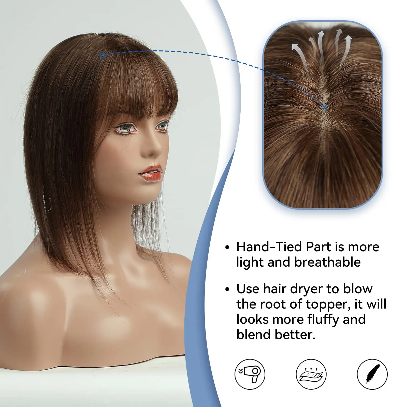 Straight 100% Remy Human Hair Toppers with Bangs Brown Toupee Hair Pieces Silk Base Clip in Topper Top Hairs for Women Hair Loss