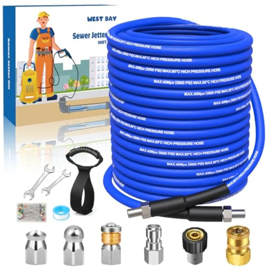 

Sewer Jetter Kit for Pressure Washer 5800 PSI Drain Cleaner Hose 1/4 Inch NPT Corner Rotating and Button Nose Sewer Jetting Noz