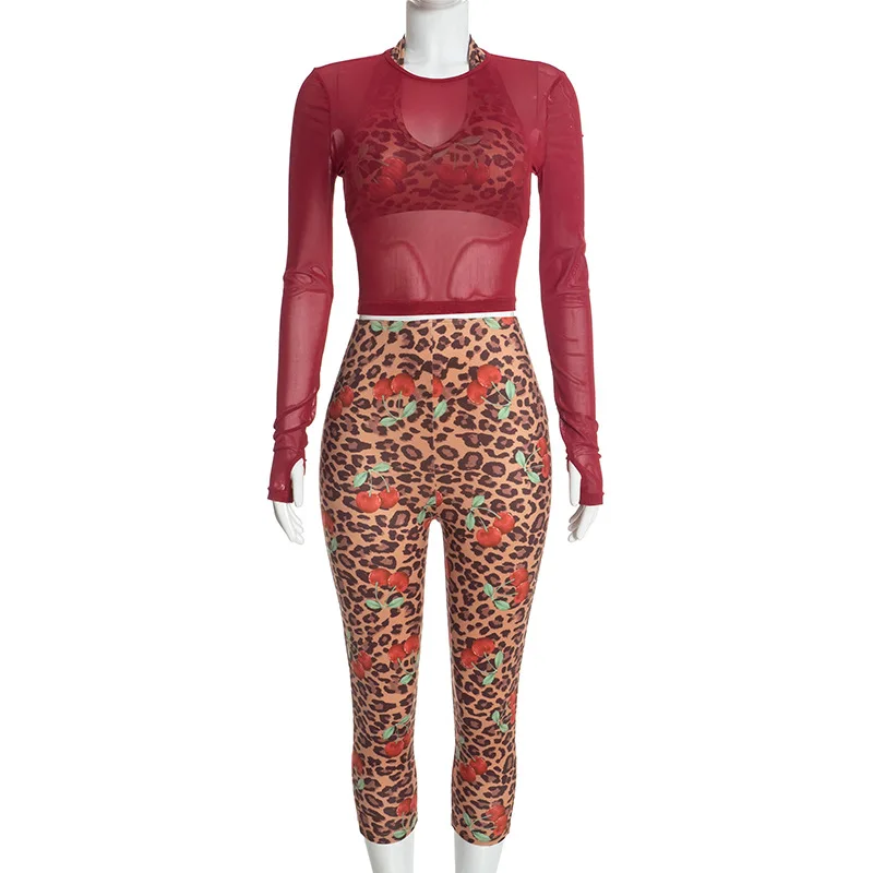 JENYAGE Damen 3-teiliges Outfit, weiches, dehnbares, sexy Leoparden-Cami-Top, durchsichtiges Mesh-Langarm-Oberteil, Capri-Hose, Nachtleger-Trainingsanzug-Set – Detail 6