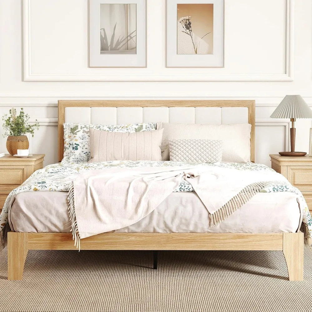 

Queen Size Bed Frame, Platform Bed Frame with Upholstered Headboard and Wooden Slats, No Box Spring Needed, Customized