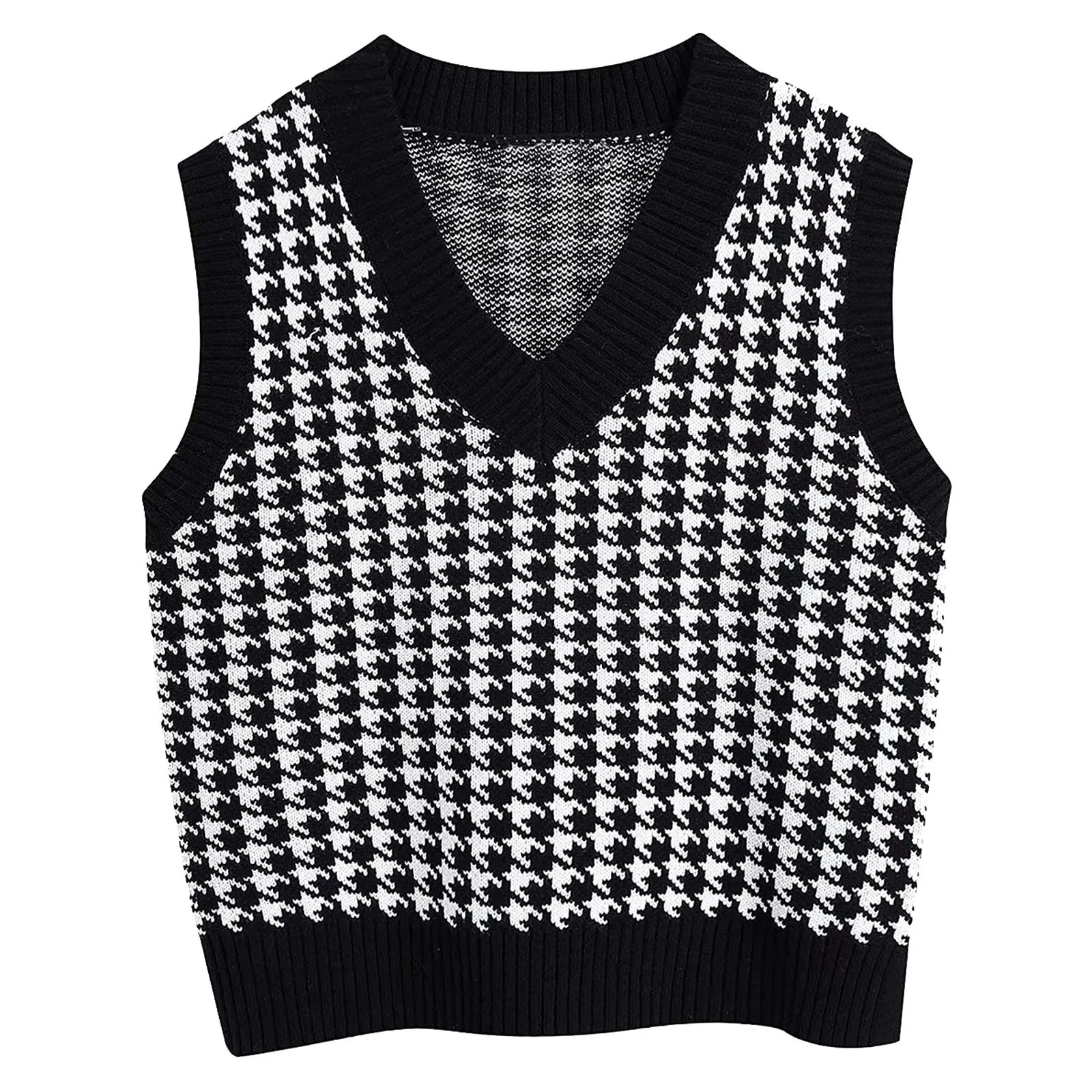 2024 Casual Knitted Fall Winter Sweet Jumper Korean Knitwear Sleeveless Geometric Houndstooth Sweater Vest Women V Neck Pullover