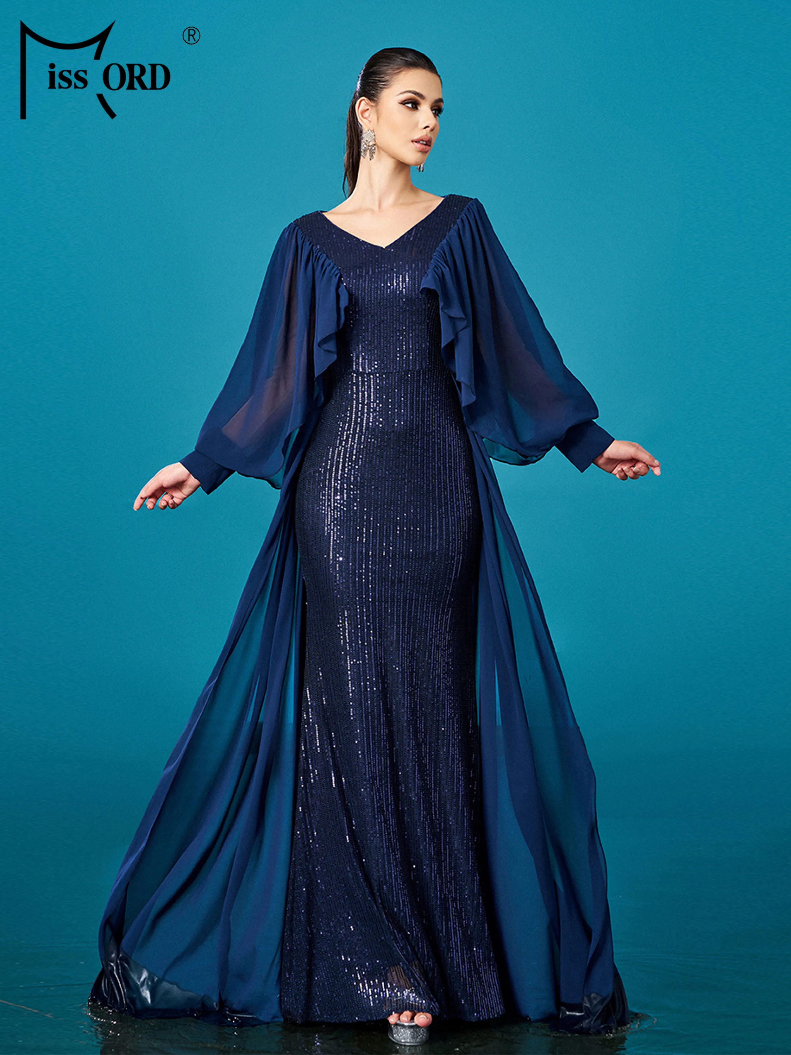 ミスオード 新作 Vネック フレア袖 スパンコール マーメイド イブニングドレス 結婚式 誕生日パーティー 高級 高品質 卒業式 マキシドレス