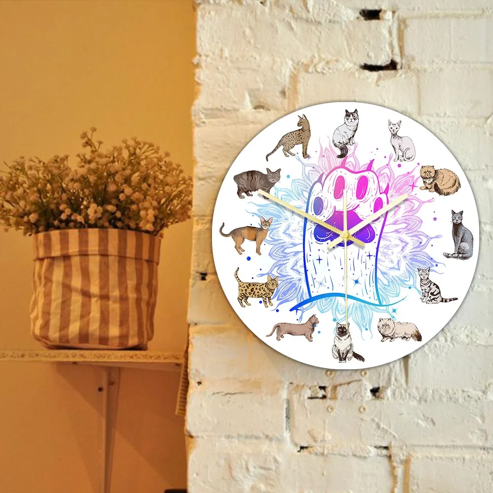 Hand Drawn Cat Breeds Printed Wall Clock Kitty Paws Aniamls Home Decor Watch For Girls Room Kitten Wall Sign Clock For Pet Shop
