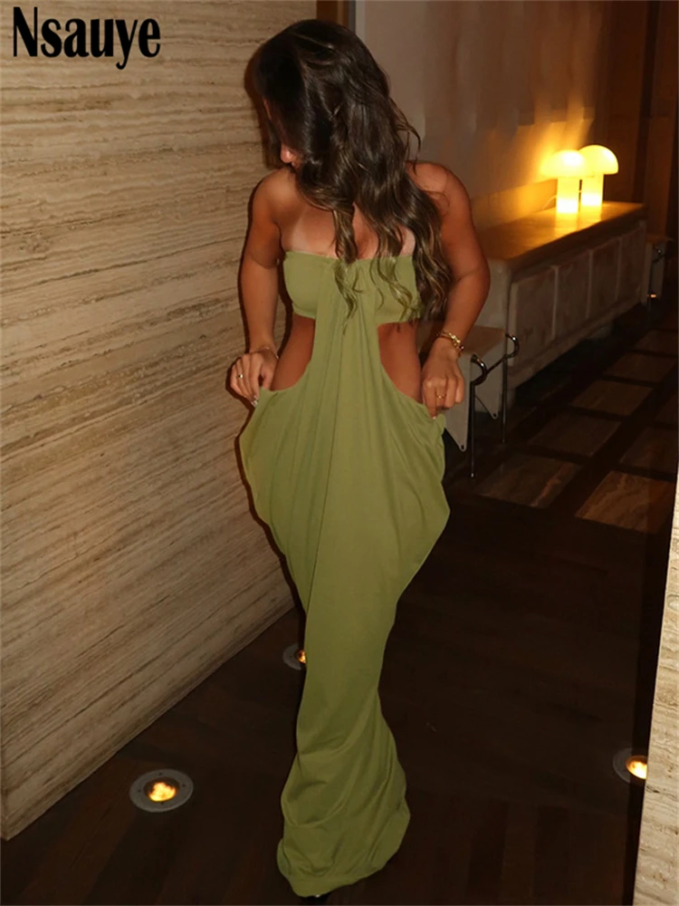 Nsauye senza maniche sexy cut out maxi vestito abiti per le donne club party elegante sera aderente abiti lunghi abiti slim 2025