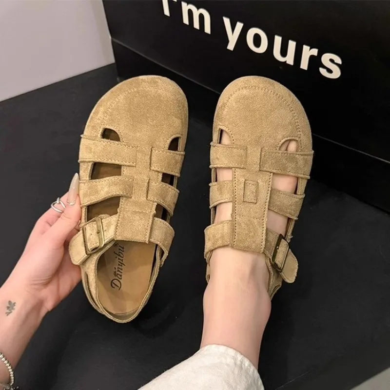 Women Woven Birken Roman Sandals Suede Hollow‑outClosed Toe Back Strap Adjustable Buckle Soft Sole Casual Beach Shoes For Ladies