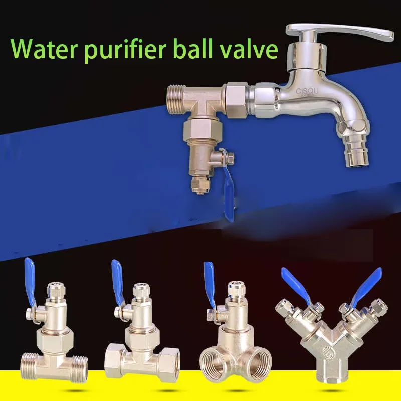 1PC Water Purifier Ball Valve Switch Copper 1/2in-1/4in Pe Pipe Live Joint Elbow Tee Four-Way Machine Connector Water Separator