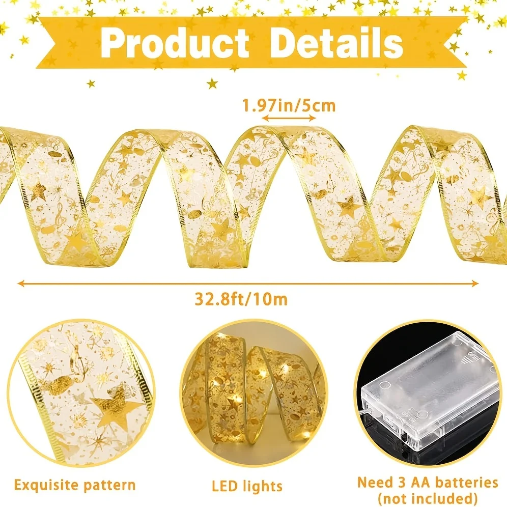 ไฟประดับริบบิ้นคริสต์มาส ริบบิ้นไฟสีทอง ไฟ LED สีขาวอบอุ่น สำหรับตกแต่งต้นคริสต์มาส งานปาร์ตี้ในร่ม