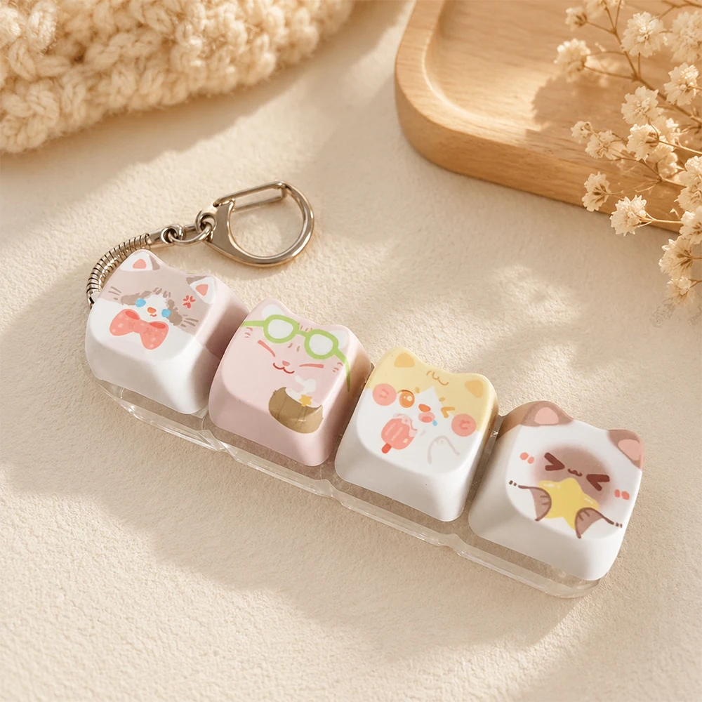 Schattig katten relaxknop toetsenbordknopje, Kawaii katten 4-toetsen toetsenbord fidget toy voor vrienden cadeau, draagbare fidget sleutelhanger mode tas charme