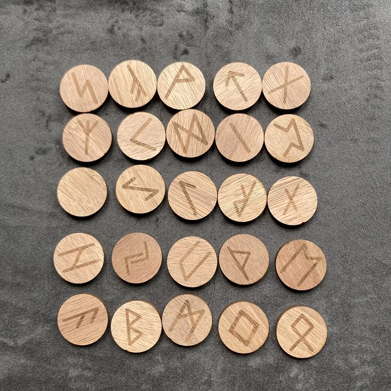 25Pcs Natural Wood Walnut Runes Stones Wooden Mysticism supplies for Divination Rune Kit  Round Altar Occultism Props Pendant