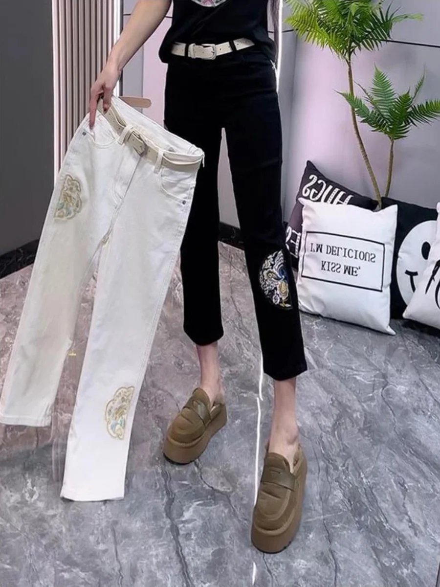 

High Waist Straight Leg Jeans Women's Spring Summer New Sle National Embroidery Slim Fit e Tube Pants Faionable Casua...