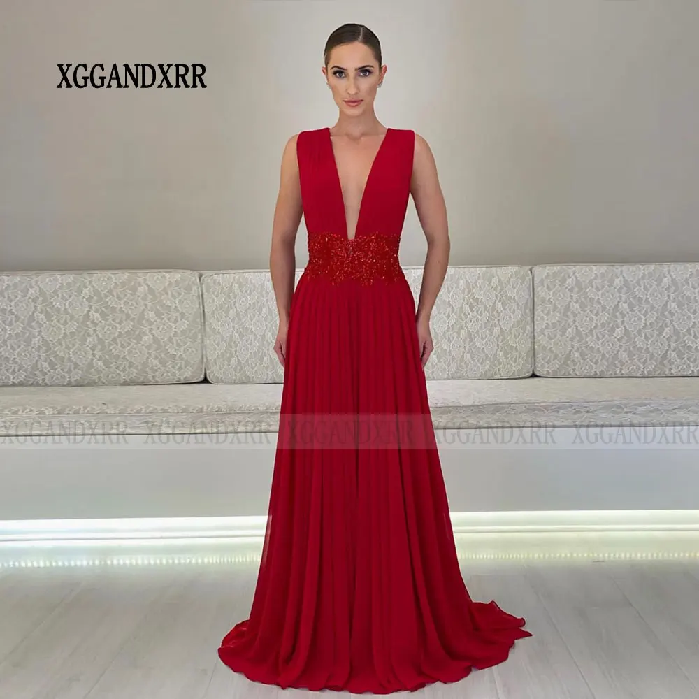 Vestidos de Madre de la novia para mujer, vestidos de invitados para boda, gasa roja con cuentas, ocasión Formal, vestido de fiesta de Gala de noche, 2024