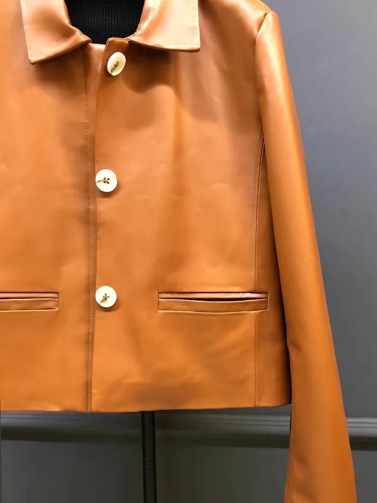 Korean Style Retro Straight Women Genuine Leather Jacket Long Sleeve Turndown Collar Sheepskin Outerwear Single Breasted Coats